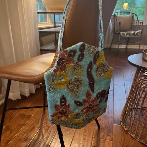 Chan Luu beaded and silk vintage handbag,  blue bronze with pink flowers, yellow - Picture 6 of 13